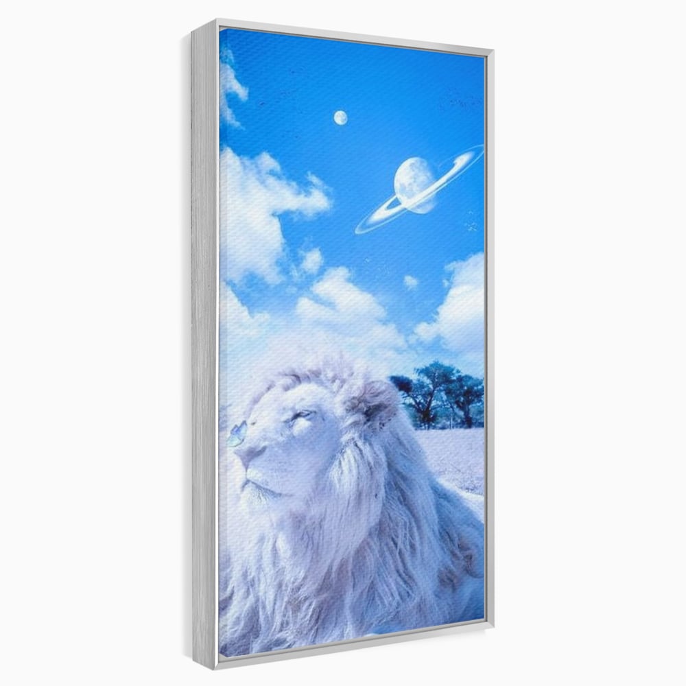 Tablou canvas cu tablou canvas cu leu si planete, in rama de aluminiu argintiu